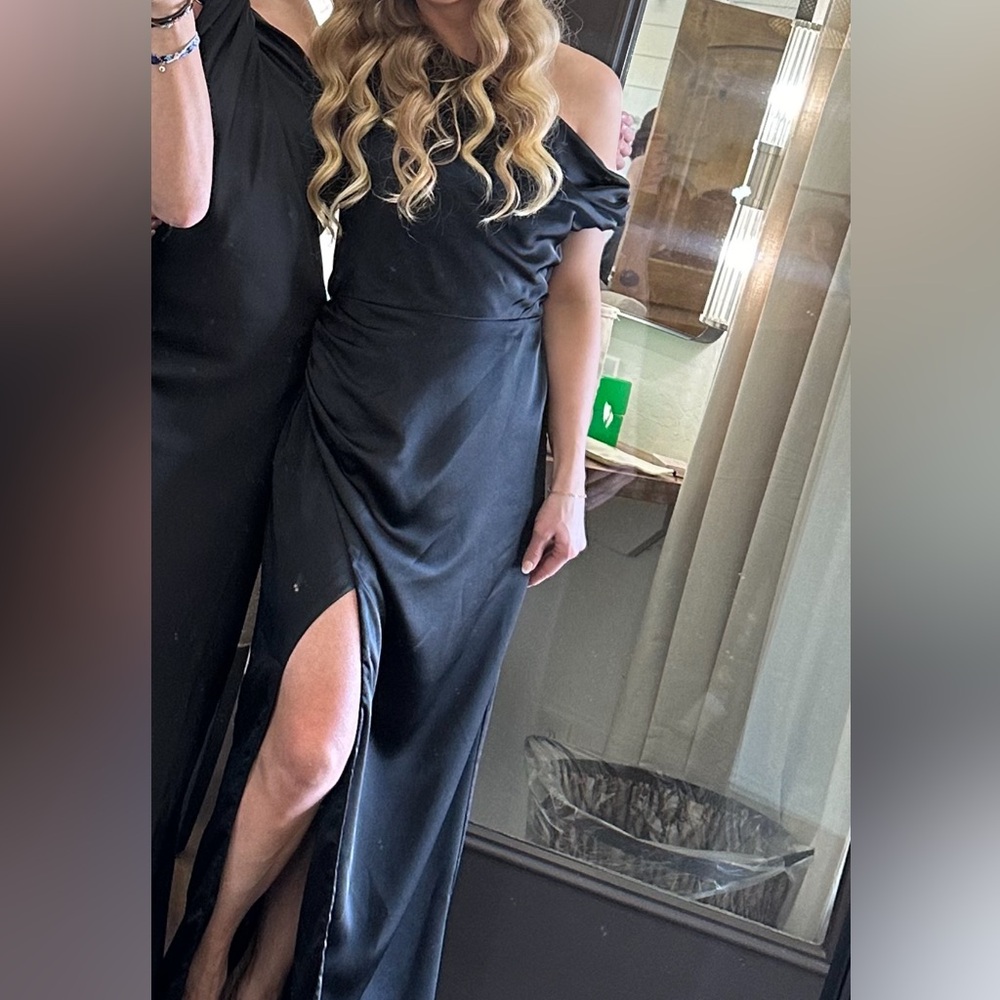 Size small. Black satin MUMU off the shoulder dress.